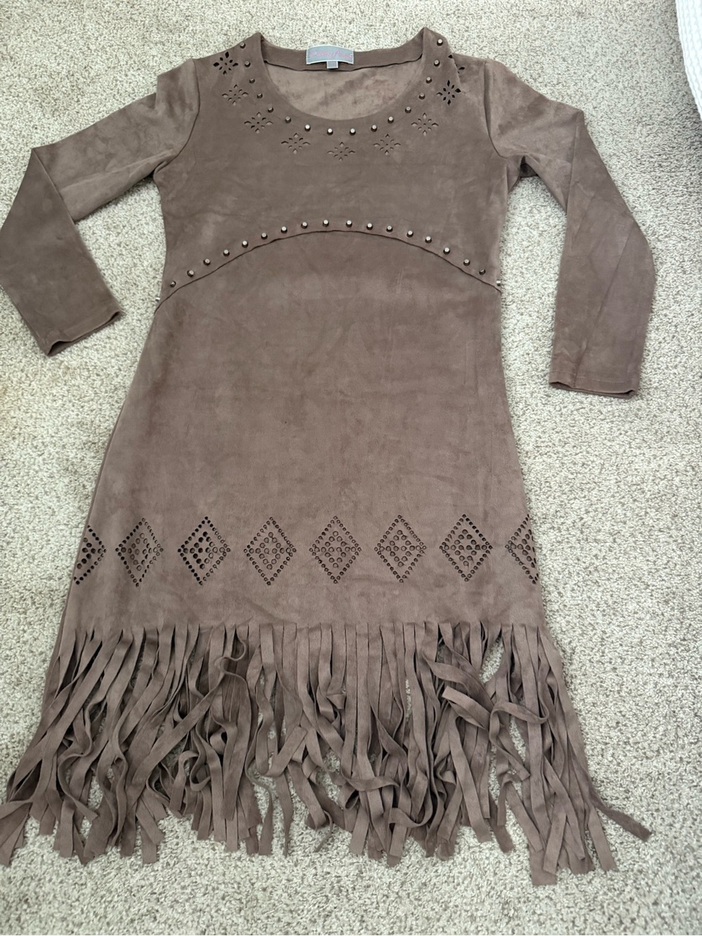 Pretty Angel Brown Long Sleeve Fringe Suede-Look Dress